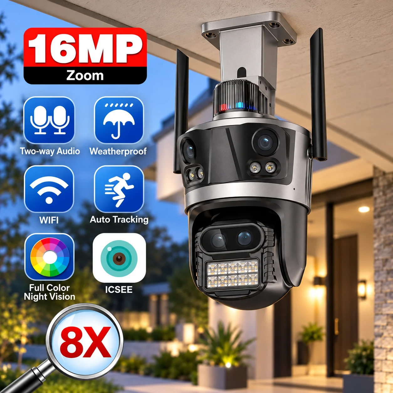 8X Zoom 8K 4K 16MP WiFi PTZ Camera Four Lens Three Screens Outdoor CCTV Security Camera Auto Tracking Video Surveillance IP Cam
