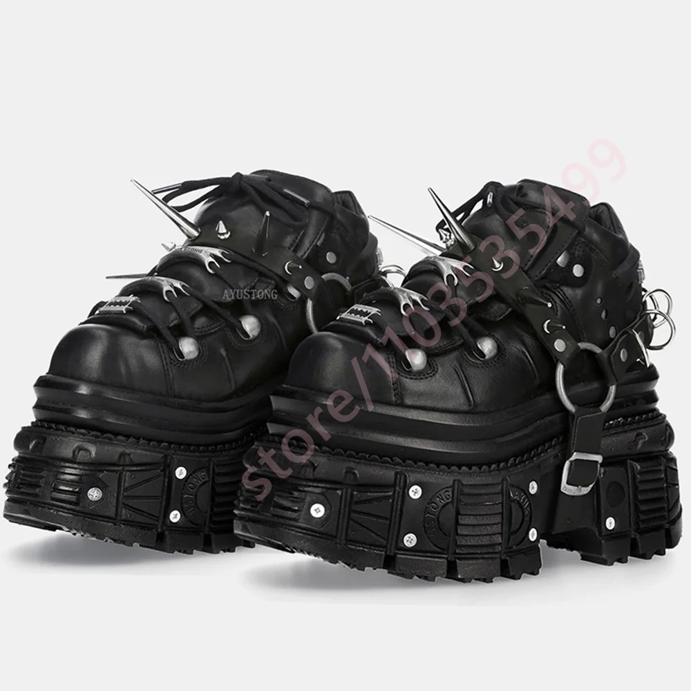 2026 New Black Gothic Punk Platform Sneakers Women Spiked Rivet Metal Ring Buckle Lace Up Chunky Thick Sole Y2K Streetwear Shoes view 4