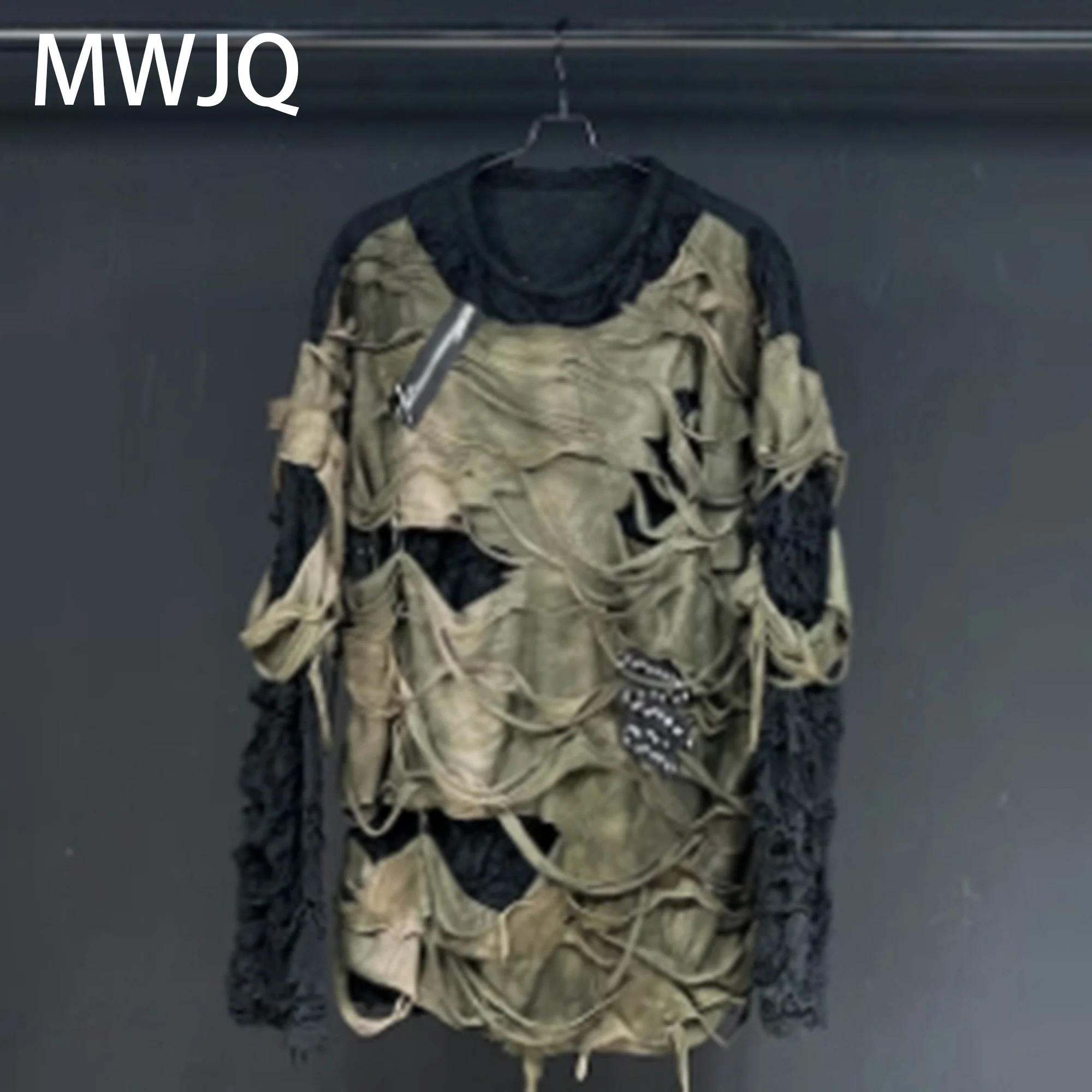 

MWJQ Hole Zipper Spliced Niche Design Y2k Male T-shirt High Street Punk Round Neck 2025 Autumn Trend Long Sleeve Tops 010414