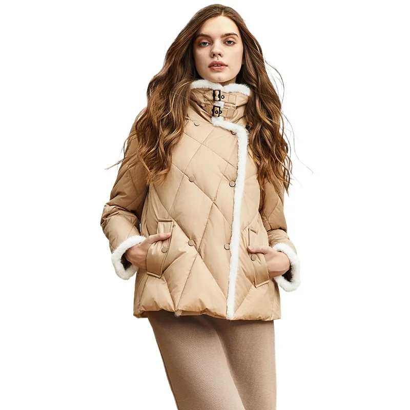 

New in Coat 2024 Winter Clothes Women High Collar with Botton Parkas Hooded Double Breasted Lamb Fur Coat Puffer Quilted Jacket