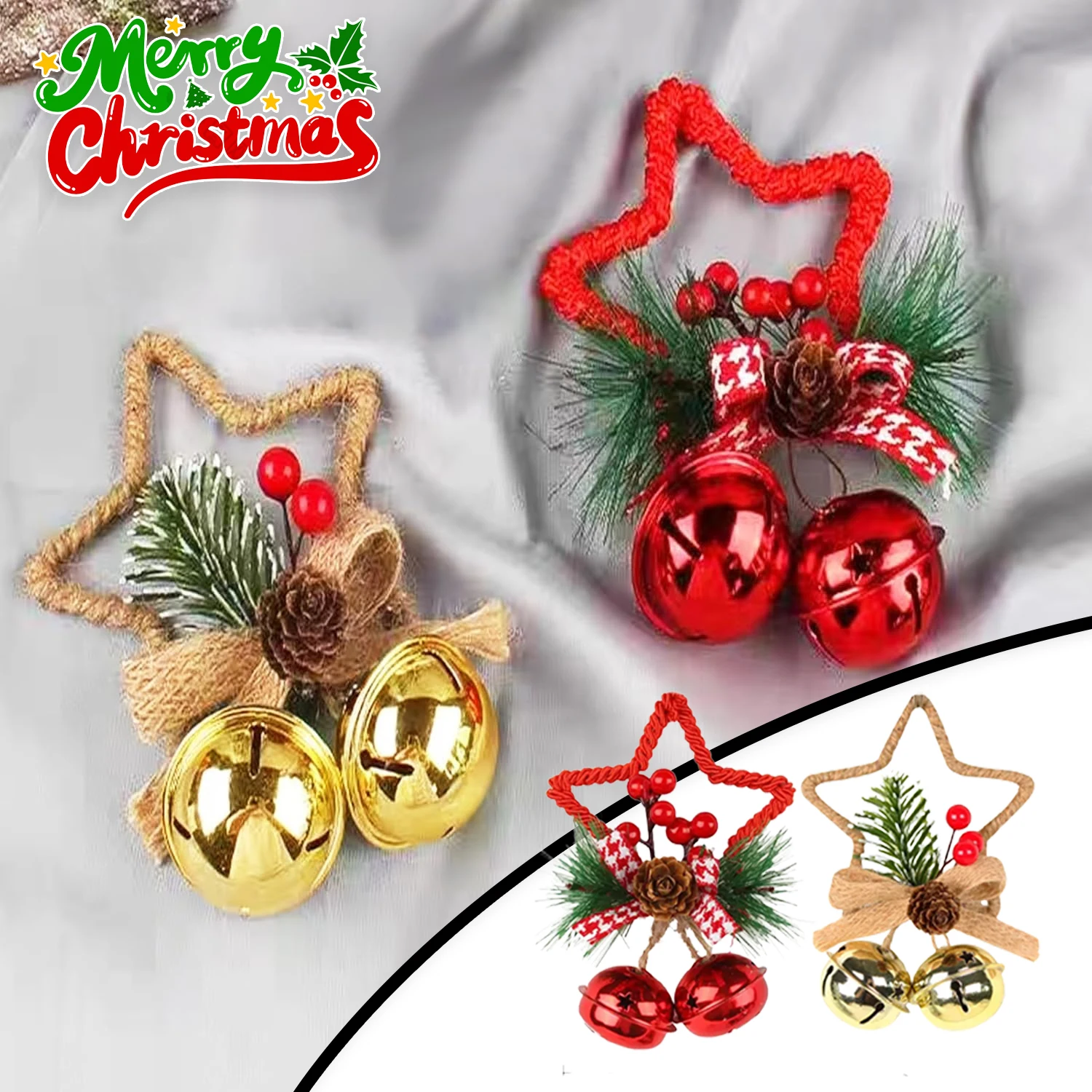 Christmas Window Decoration Props Five Pointed Star Bell Pendant DIY Tree Decorations Bow Knot Bell Accessories