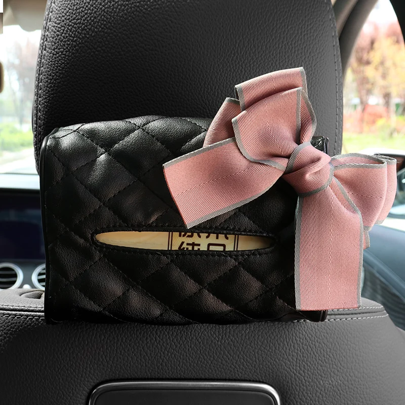 Cute Bowknot Car Hanging Tissue Box Seat Headrest Holder Large Capacity Leather Paper Tower Organizer Styling Car Accessories