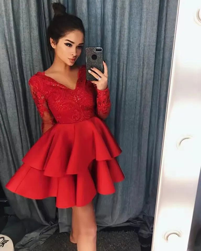 Vestidos cortos rojos de manga larga de encaje para fiesta de graduación, vestido personalizado con cuello en V, línea A, Abiti Da Cocktail, graduación de talla grande