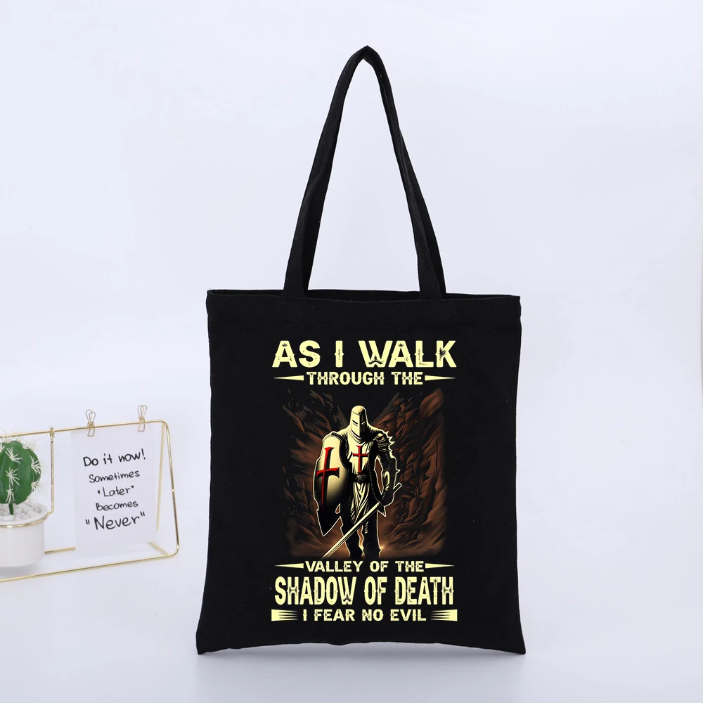 Knight and Slogan-Style Graphic Black Canvas Tote Bag, Urban Style for Daily Casual Use
