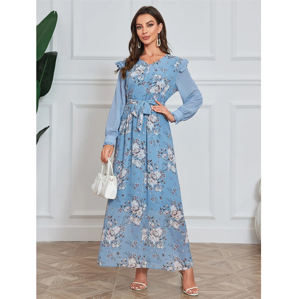 

Floral Print Pattern Muslim Women Dress V-neck Kaftan Full Sleeve Abaya Belted Abaya Princess Elegant Islamic Kaftan Party Gown