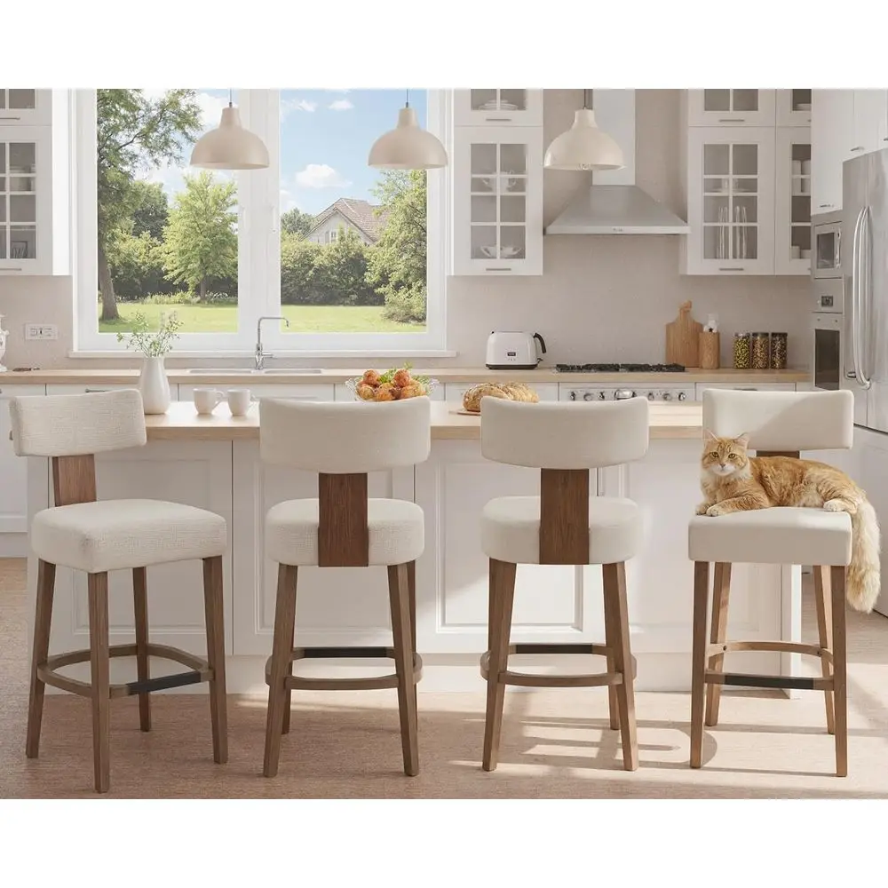 

Набор из 4 деревянных барных стульев в деревенском стиле с сиденьями, обтянутыми льняной тканью, бежевого цвета