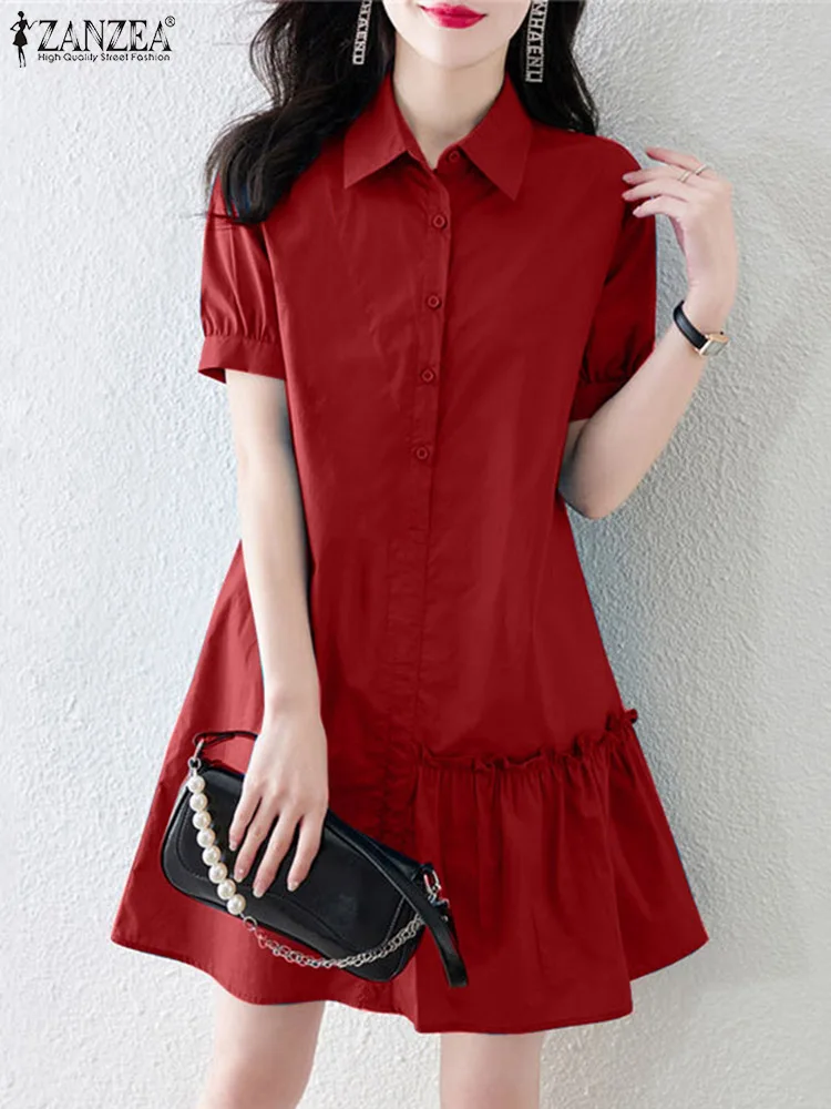 ZANZEA Women Ruffled Hem Shirt Dress Short Puff Sleeve Summer Elegant Solid Mini Dress Casual Fashion Lapel Neck Work Sundress