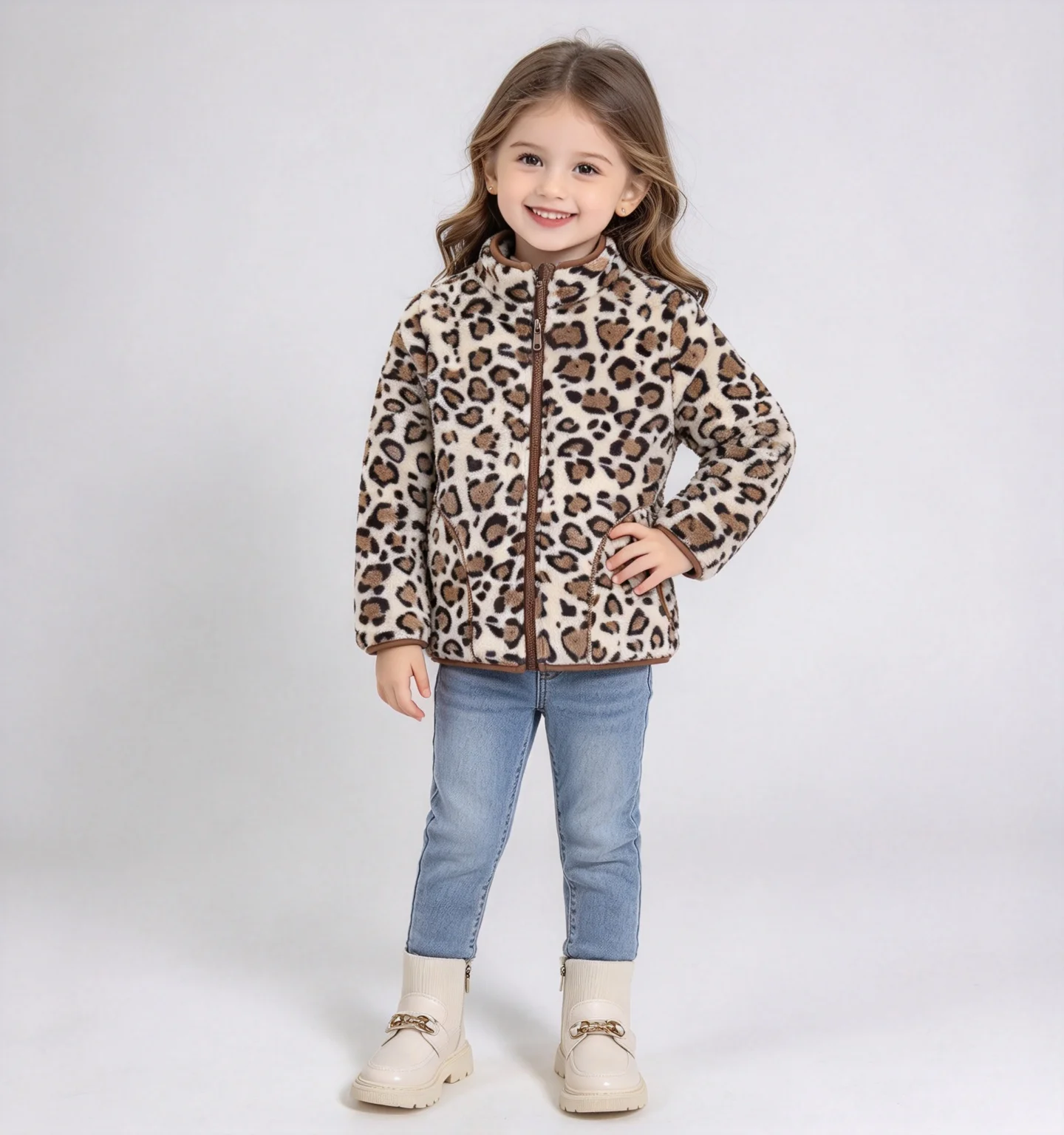 Girls' Leopard Print Fleece Jacket, New Autumn and Winter Style, Stand-Up Collar, Full Zipper, Soft Fleece Top, Lightweight and Warm Outerwear for Children, Versatile Casual Autumn and Winter Outerwear for Little Girls