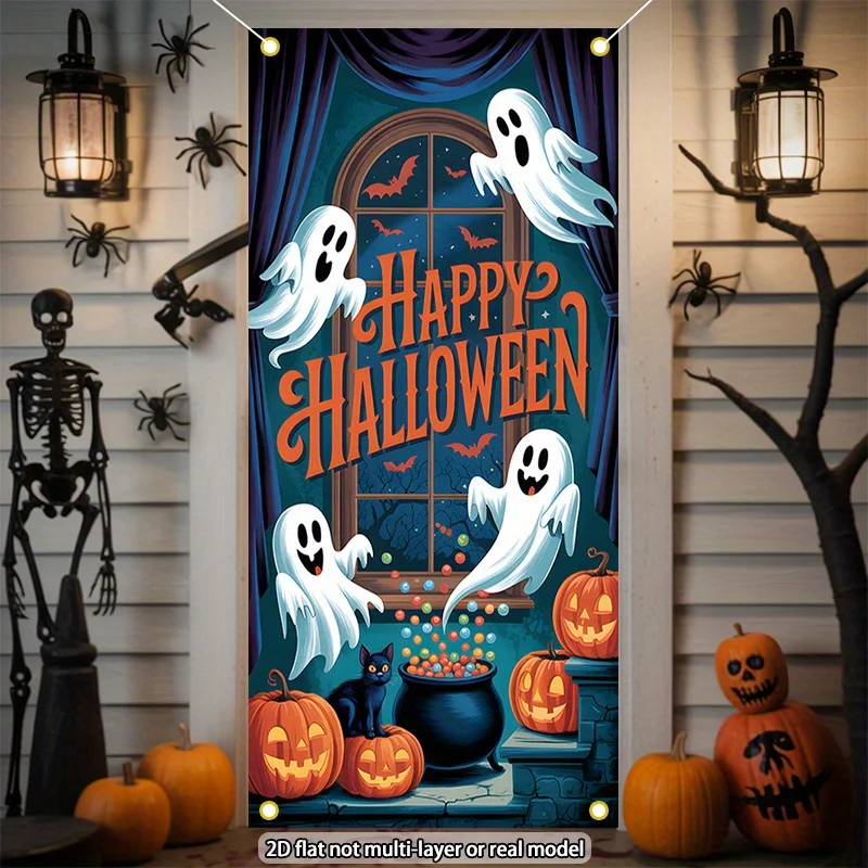 2D curtain banner, 1 large Halloween door decoration - Happy Halloween Party. Durable polyester fabric.XY