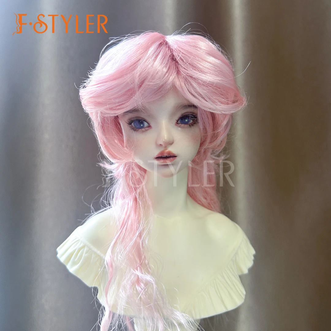 FSTYLER Pink Wig BJD SD Back Long Wave Curls Hair 6-7inch 7-8inch 8-9inch Dolls Wigs 1/3 Synthetic Mohair Boy Dolls Hair