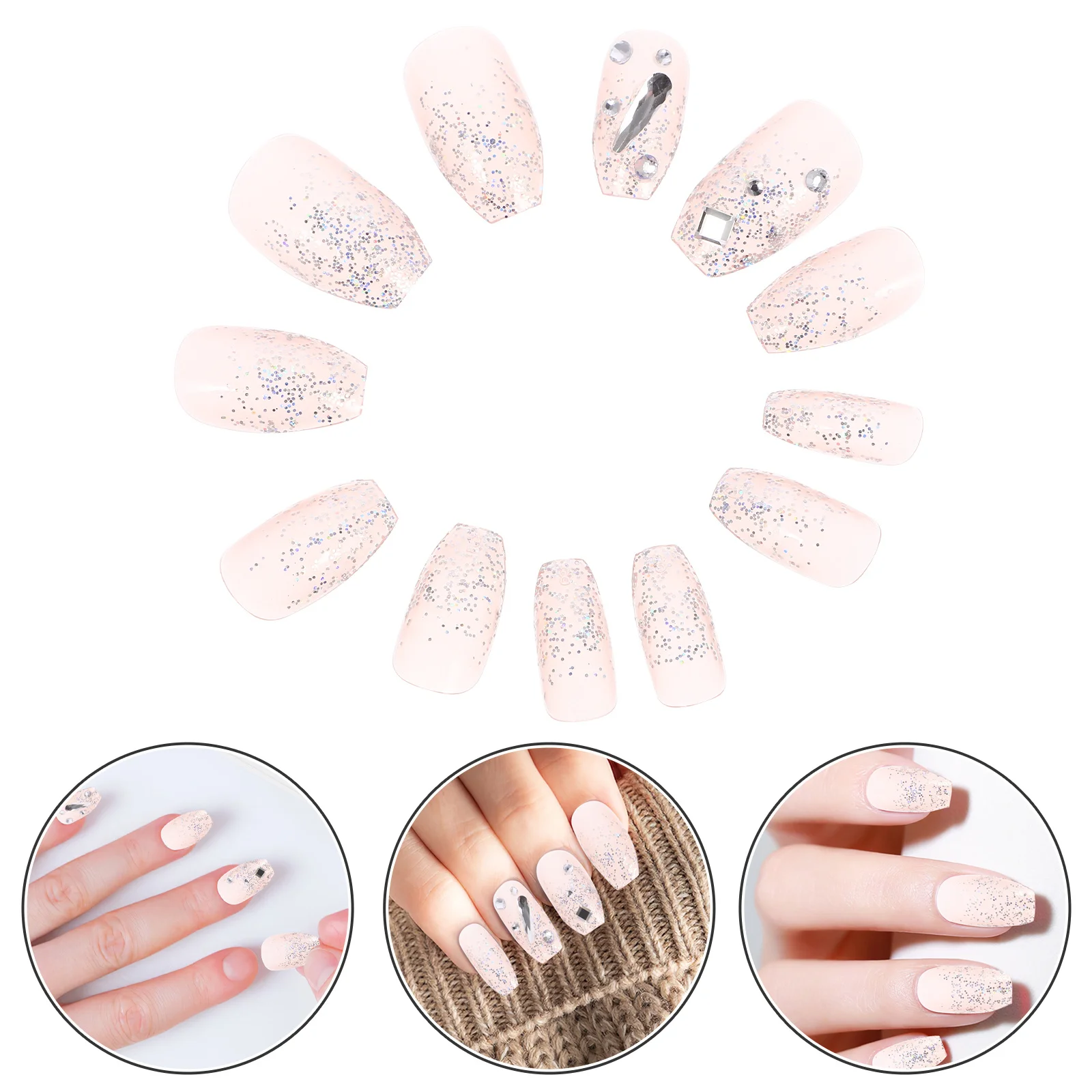 24 pezzi glitter unghie finte copertura lunga completa stampa sulle punte delle unghie unghie finte decorative per le donne manicure rapida unghie finte
