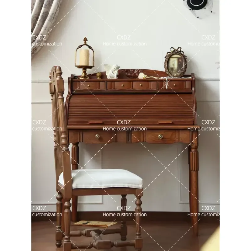 Medieval Style Solid Wood Dressing Table Multi Functional Makeup Desk Retro Log Vanity with Storage Cabinet for Bedroom