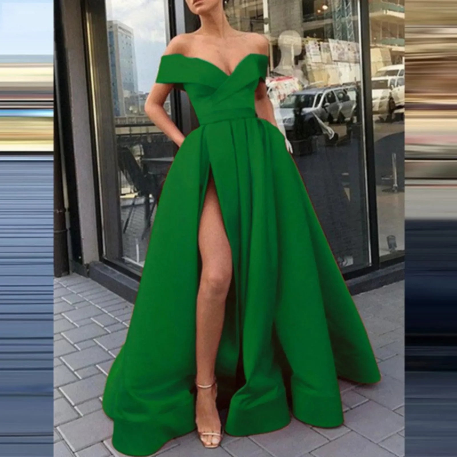 Party Maxi Dress Prom Women Sexy V Neck Solid Elegant Sleeveless High Slit Dress Lady Fashion Off Shoulder Pleated Dress Vestido