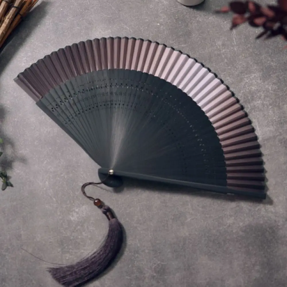 Elegant Hollow Carving Bamboo Folding Fan Portable Gradient Color Retro Hand Fan Bamboo Frame Handmade Dance Fan Home Decoration