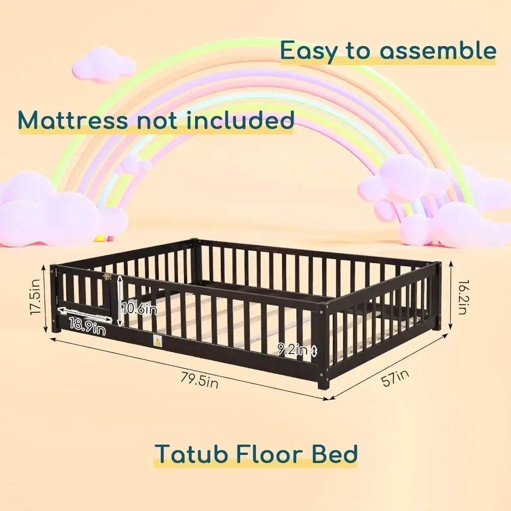 Children's Bed, With Safety Guardrails And Flat Floor Bed, Children's Floor Bed Frame, Children's Wooden Bed