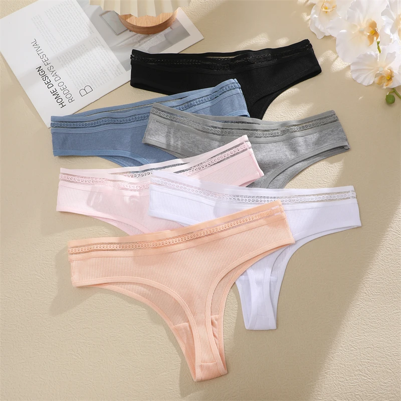 FINETOO 3PCS Cotton Striped Underwear for Women Sexy Hollow Out Waist Briefs Female Stretch Low Rise Lingerie Solid Panties S-XL