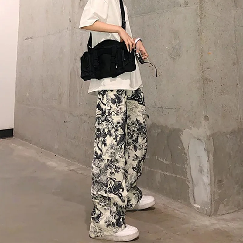Hara j u-style personalized printed loose straight-leg pants wide-leg pants style street style loose print loose dark style
