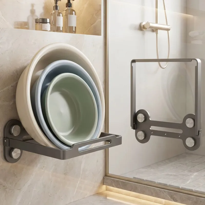 Foldable No Drill Basin Wall Rack Bathroom Storage Shelf Suction Mounted Space Saving Organizer Wash Bowls Laundry Toilet Areas