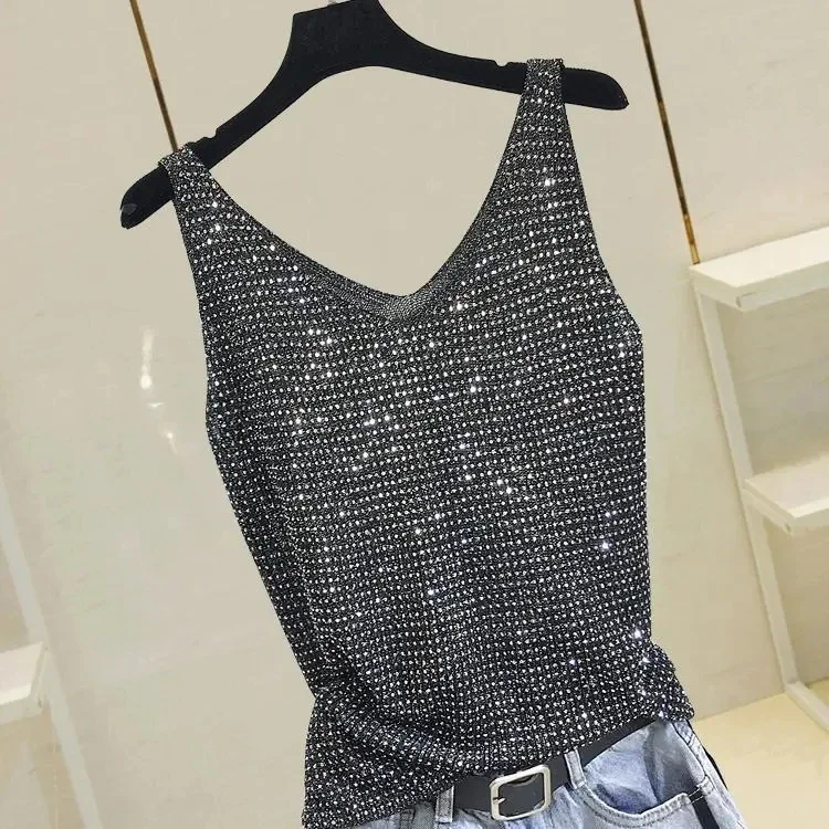 Rhinestone Knit Bottoming Shirt Sleeveless Bright Silk Vest Tops for Women 2025 Summer Loose V-neck Ice Silk Knitted Blouse