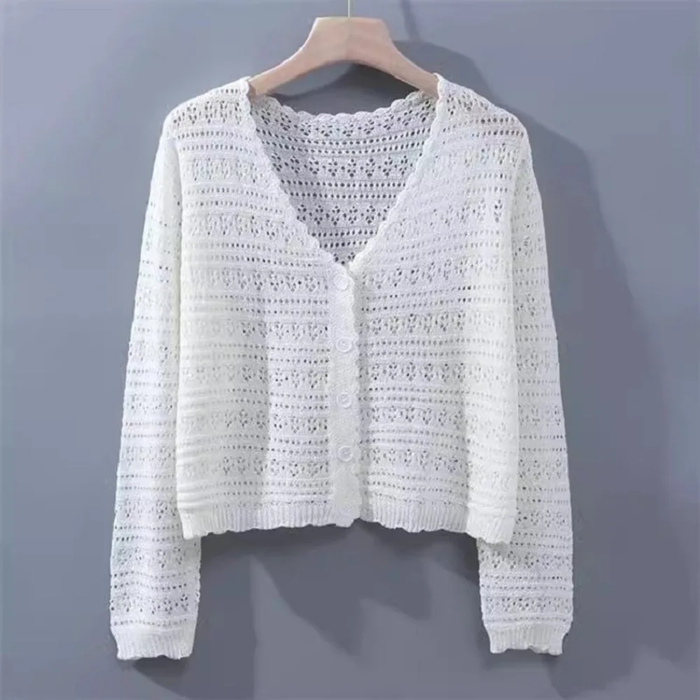 

Ladies' Hollow-out Fresh V-neck Breathable Long-sleeved Knitted Cardigan Casual Single Breasted Knitwear Tops