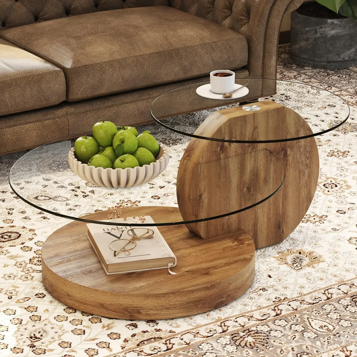 Mesa de centro redonda de vidrio templado para sala de estar, mesa de centro de madera circular de 3 niveles con mesa de cóctel