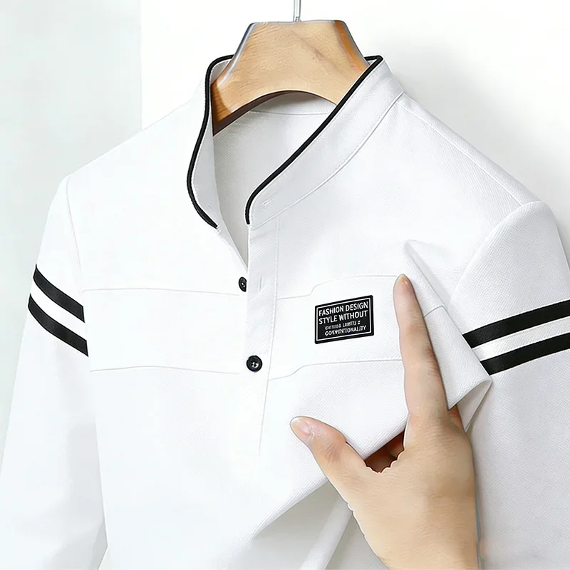 2026 Men's  Mandarin Collar Long Sleeve Polo Shirt Contrast White Striped Casual Business Top with Chest Logo