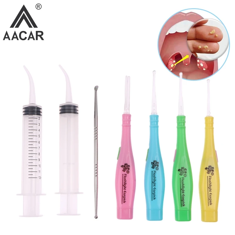 Tonsil Stone Extractor Remover Tool Led Light Ear Wax Remover Stainless Steel Earpick With Tips Irrigator Syringe CleanCare Tool