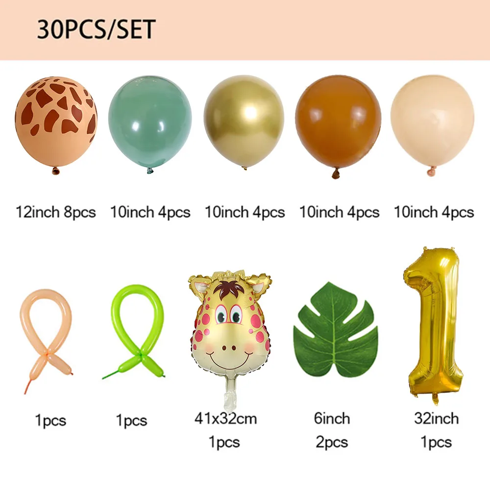 30pcs Jungle Safari Animal Number Balloons Set Kids 1 2 3 Years Birthday Party Decorations Wild One Green Latex Helium Globos