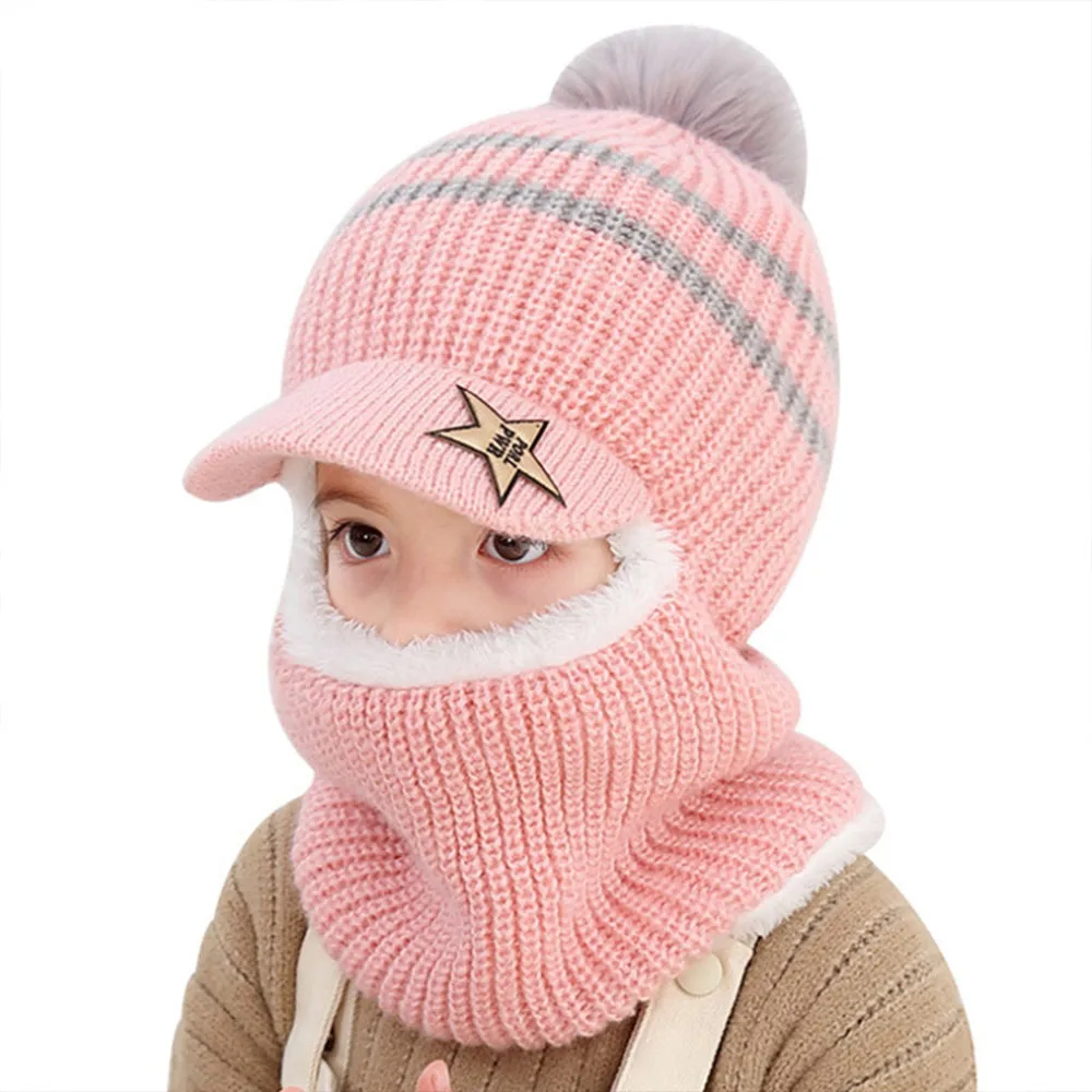 

Kids Winter Thickened Hat 2 In 1 Face Protection Scarf Caps, Warm Plush Neck Protection One-piece Hat For 1-8Y Boys And Girls