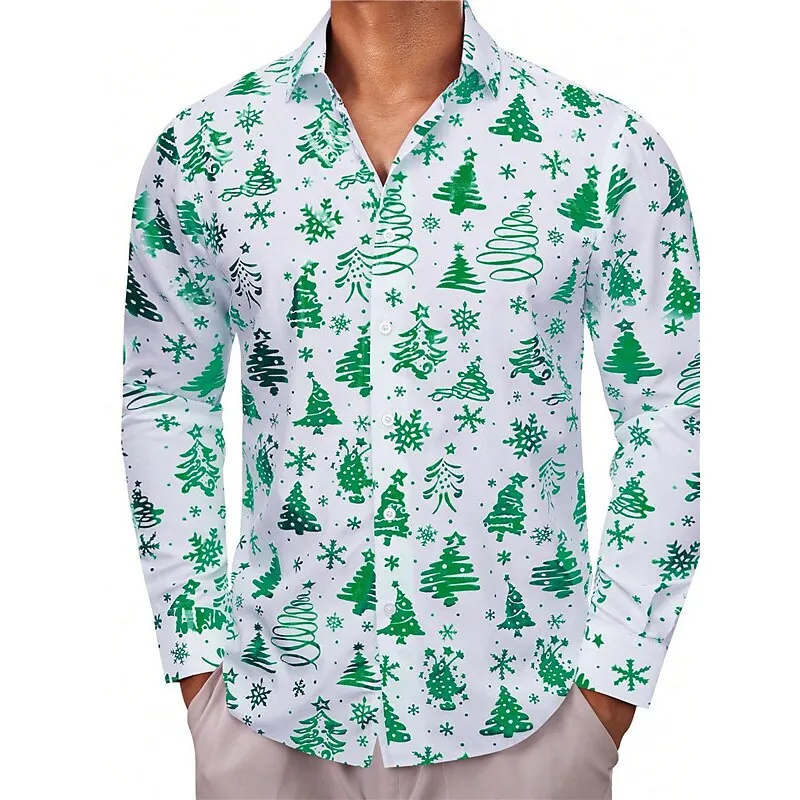 Golden Christmas tree pattern printed New Year men\'s long sleeve shirt comfortable high quality lapel top casual men\'s shirt