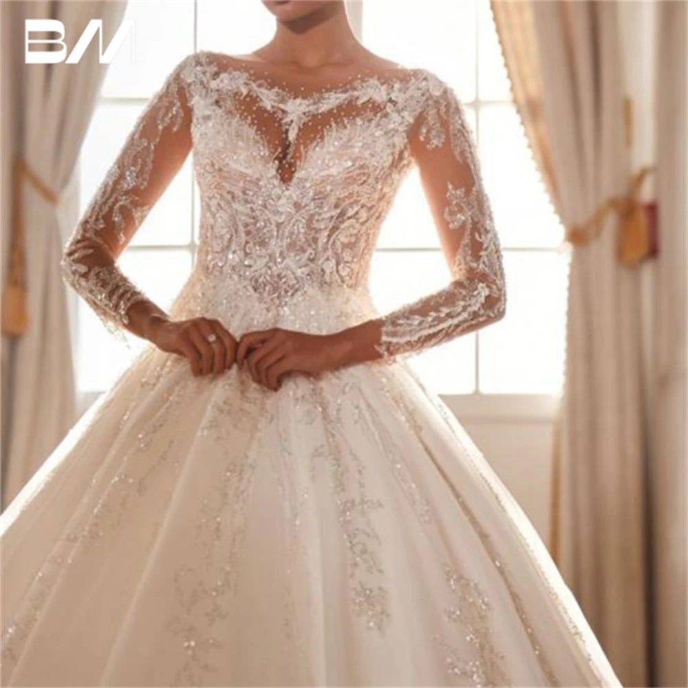 Long Sleeve Tulle Wedding Dress Customized Beads Embroidery Bride Dress Court Train Button Closure Bridal Gown Plus Size