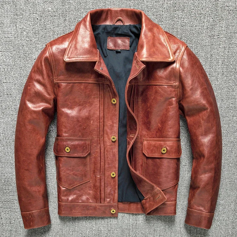 

Мужская куртка из натуральной вощеной кожи, модная, приталенная, винтажная, красно-коричневая, из натуральной коровьей кожи, модель 506