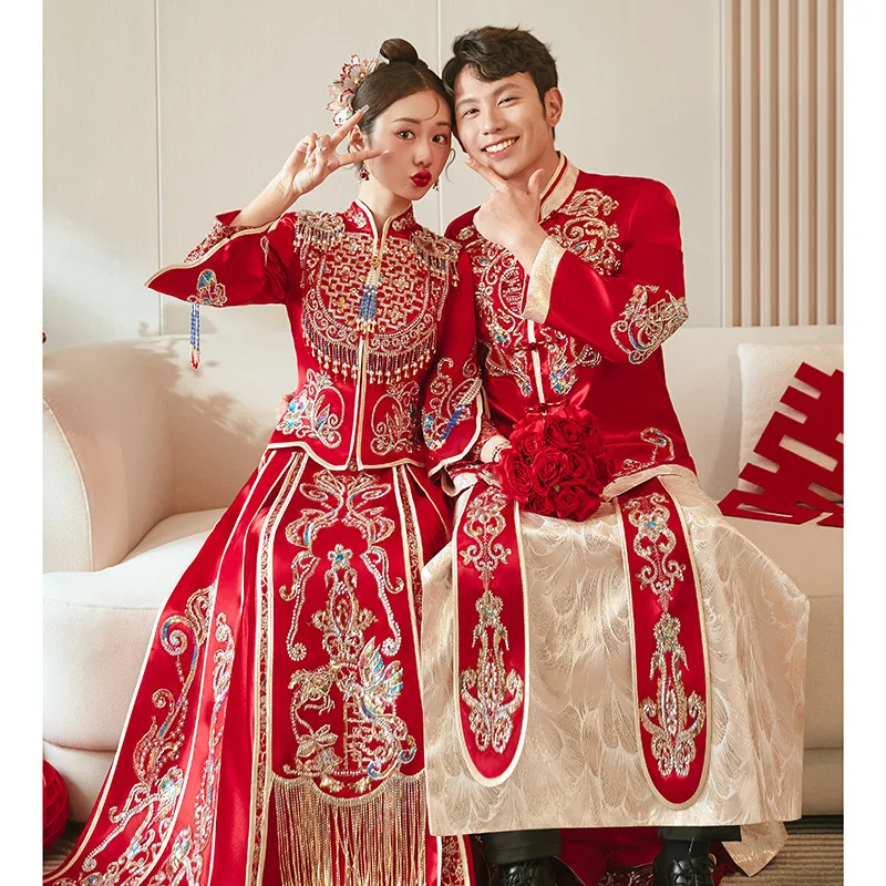 Satin heavy industry Xiuhe dress bridal wedding dress plus size chinese wedding show kimono phoenix crown xia wedding dress