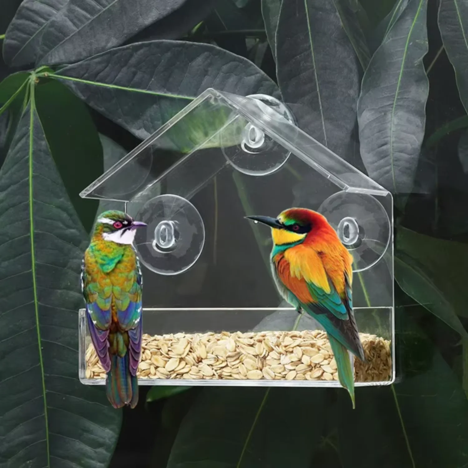 Window bird feeding machine, transparent type house, mobile suction cup, sliding feeding tray, wall hanging food container