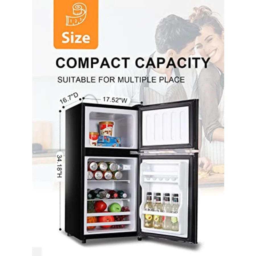 Mini Fridge With FreezerCompact Refrigerator With 2 Doors 7- Level Adjustable Thermostat Removable Glass Shelves For Bedroom Of