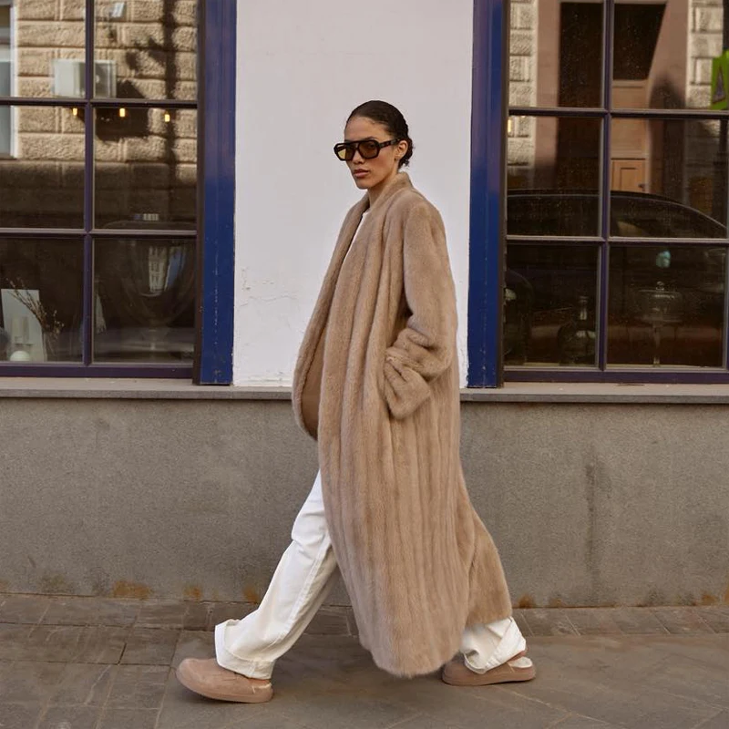 Luxury Faux Fur Maxi Coat Chic Open Front Stand‑collar Long Sleeve Oversized Outerwear Winter Women Fashion Autumn Warm 2026 New