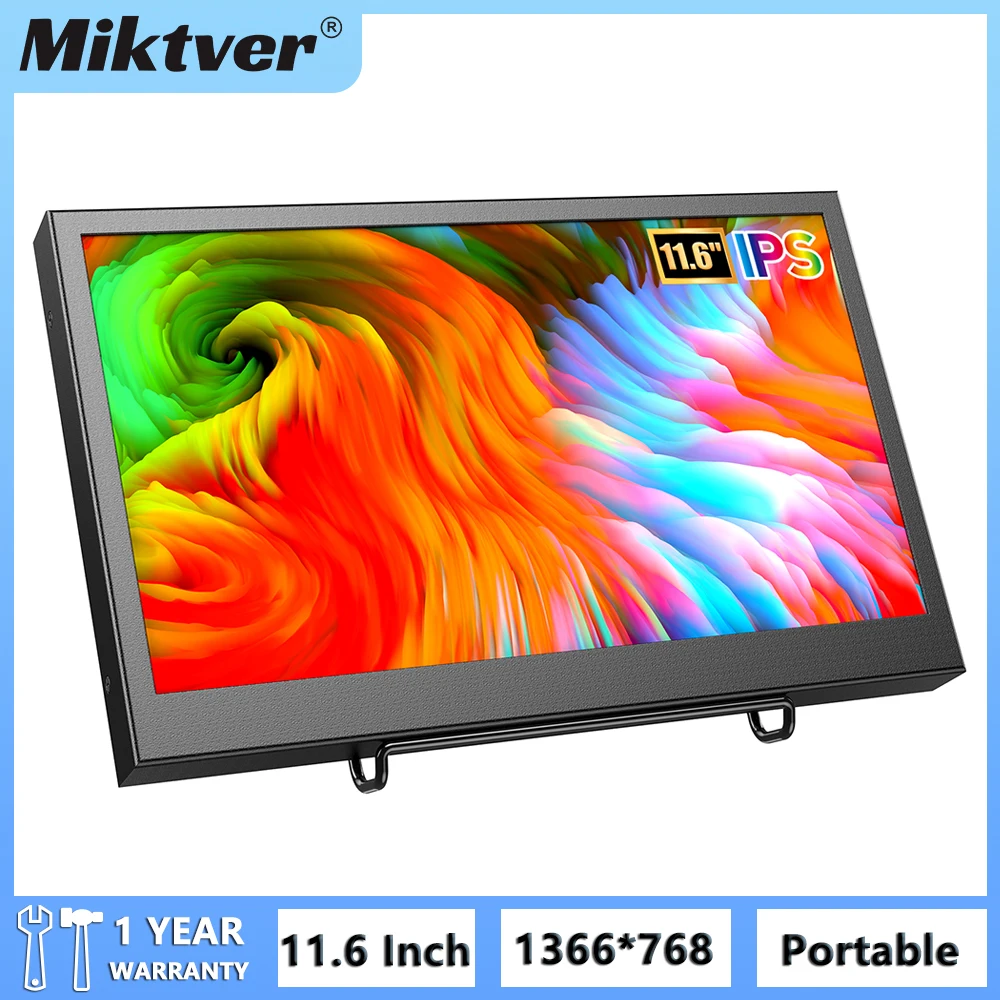 Miktver Small TV VGA LCD Monitor With Stand 1366x768 Resolution Audio Port Dual Speaker 250cd Brightness 11.6