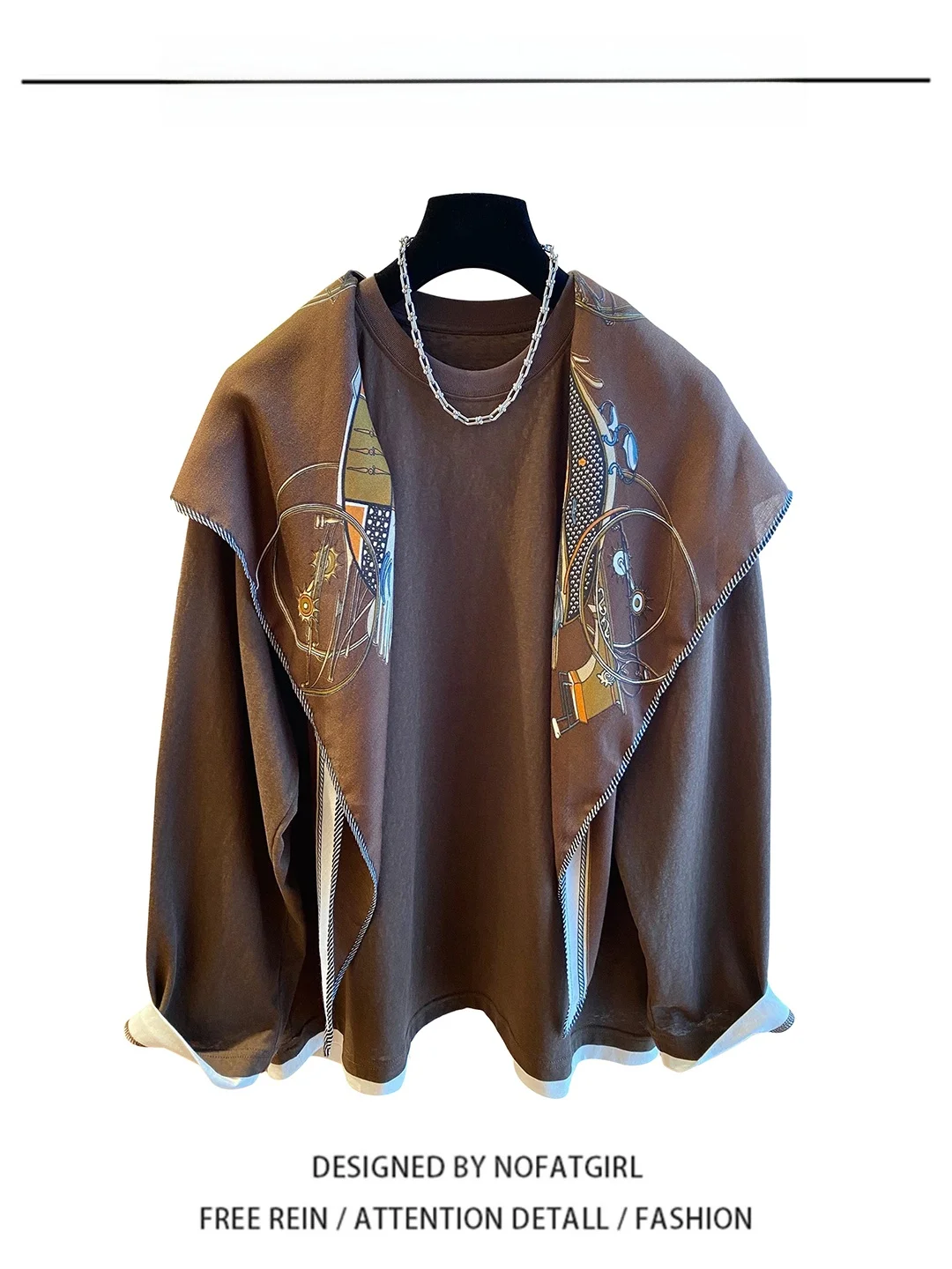 

Elegant Long Sleeve round Neck T-Shirt Women's Base Shirt Scarf Two-Piece Set Top High-End Feel Special Design Commute Style