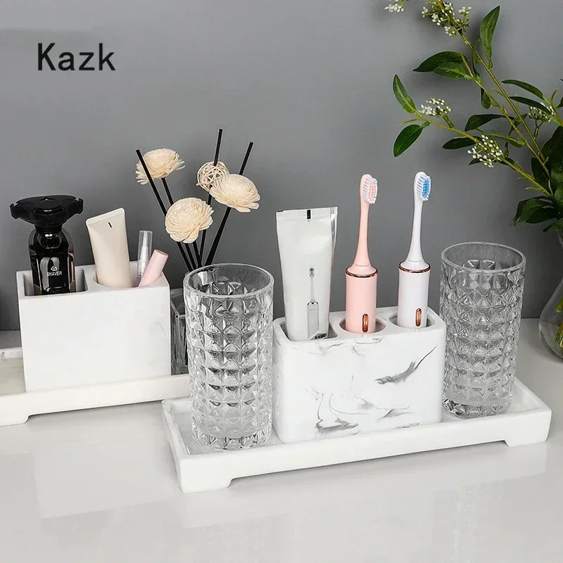 Luxurious White Ink Resin Bathroom Decoration Accessories Upscale 5 Piece Toothbrush Holder Shower Accessories Storage Tray