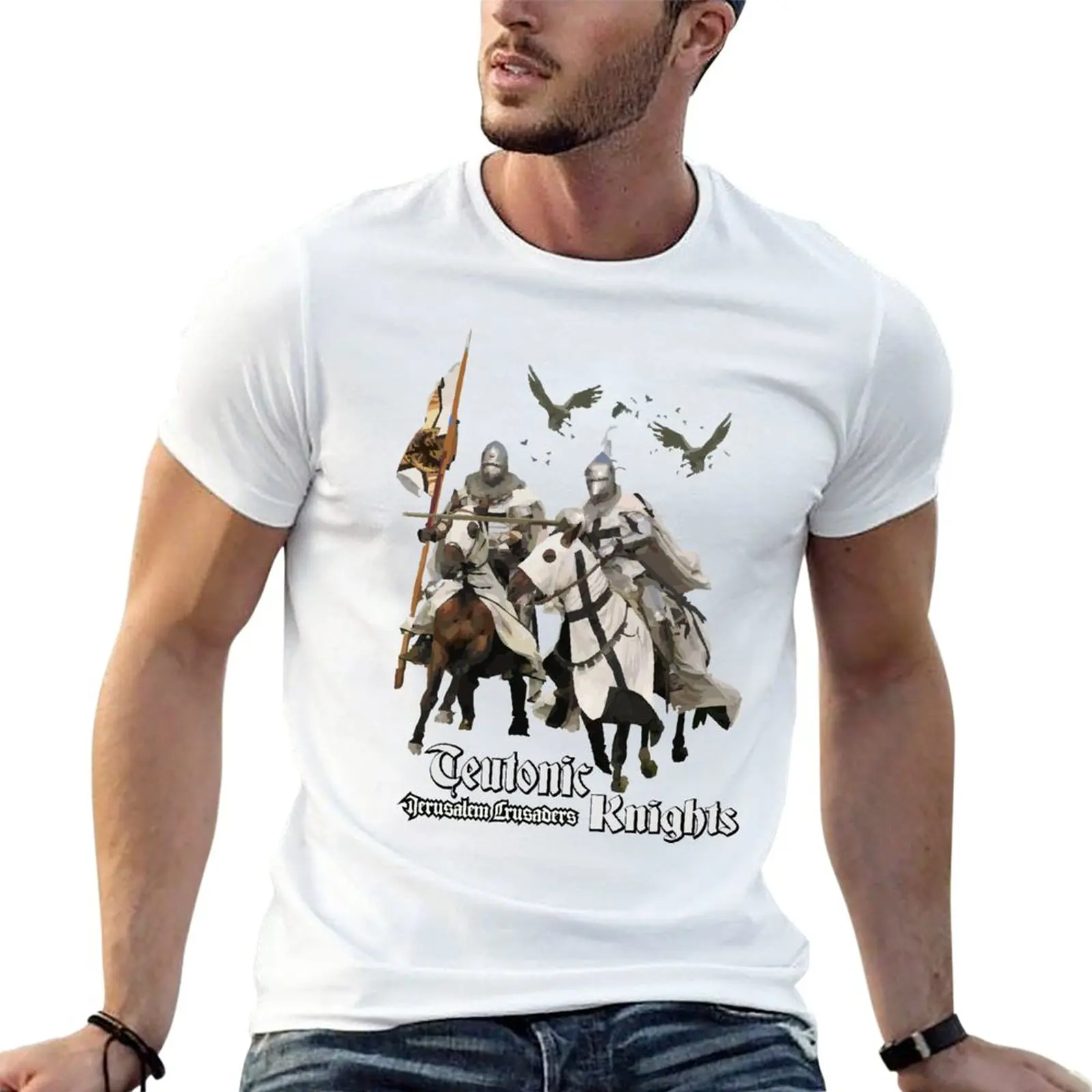 موضة الصليبية فرسان طباعة تي شيرت للرجال الشارع الاتجاه Harajuku ملابس عتيقة عادية س الرقبة قصيرة الأكمام الصيف فضفاضة #1