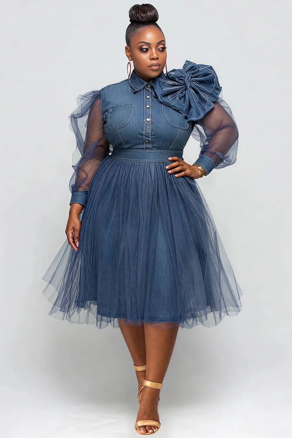 

Plus Size Semi Formal Tulle Blue Shirt Collar Long Sleeve 3D Elegant See Through Denim Midi Dresses