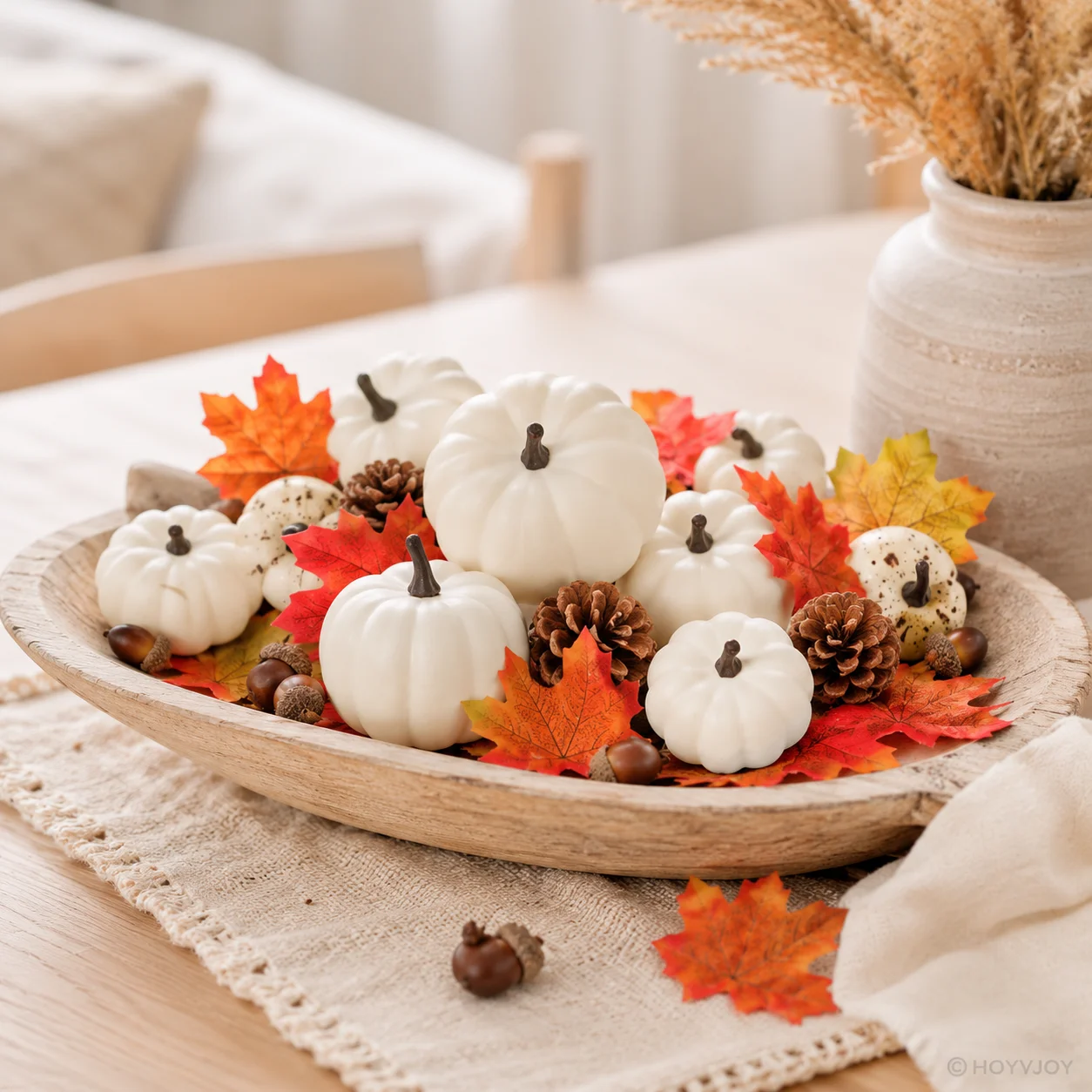 HOYVJOY 22pcs 1set White Pumpkin Autumn Decor Set Maple Leaves Pinecones Acorns Thanksgiving Harvest Table Home Decor