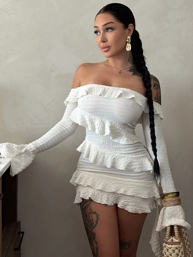 

Leosoxs White Ruffle Bandage Mini Dress Women's Sexy Off Shoulder Pleated Party Dress Strapless Long Sleeve Patchwork Mini Dress