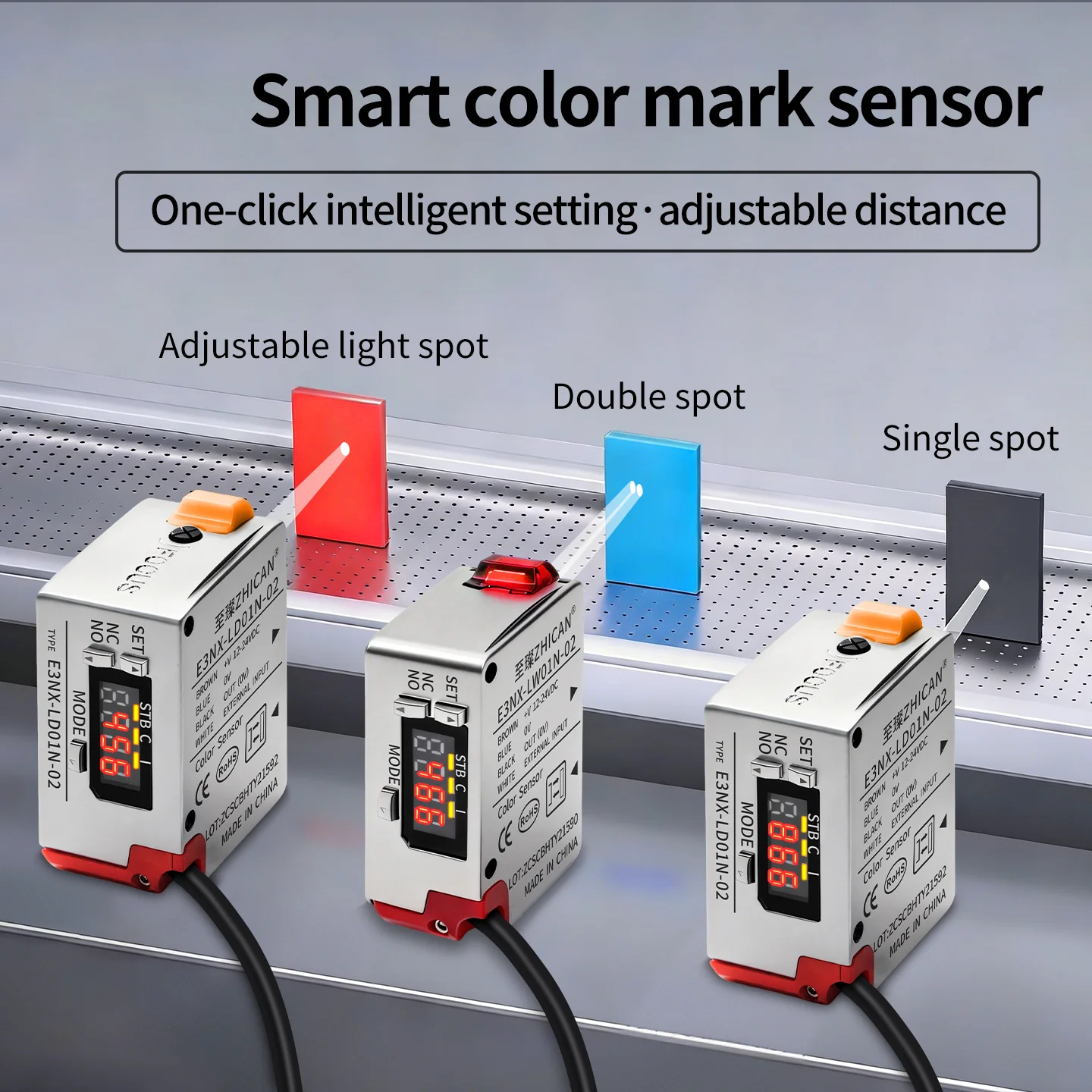 ZHICAN E3NX-L Color Mark Sensor 30-200mm Adjustable Sensing Distance High Precision Registration Detection Label Positioning