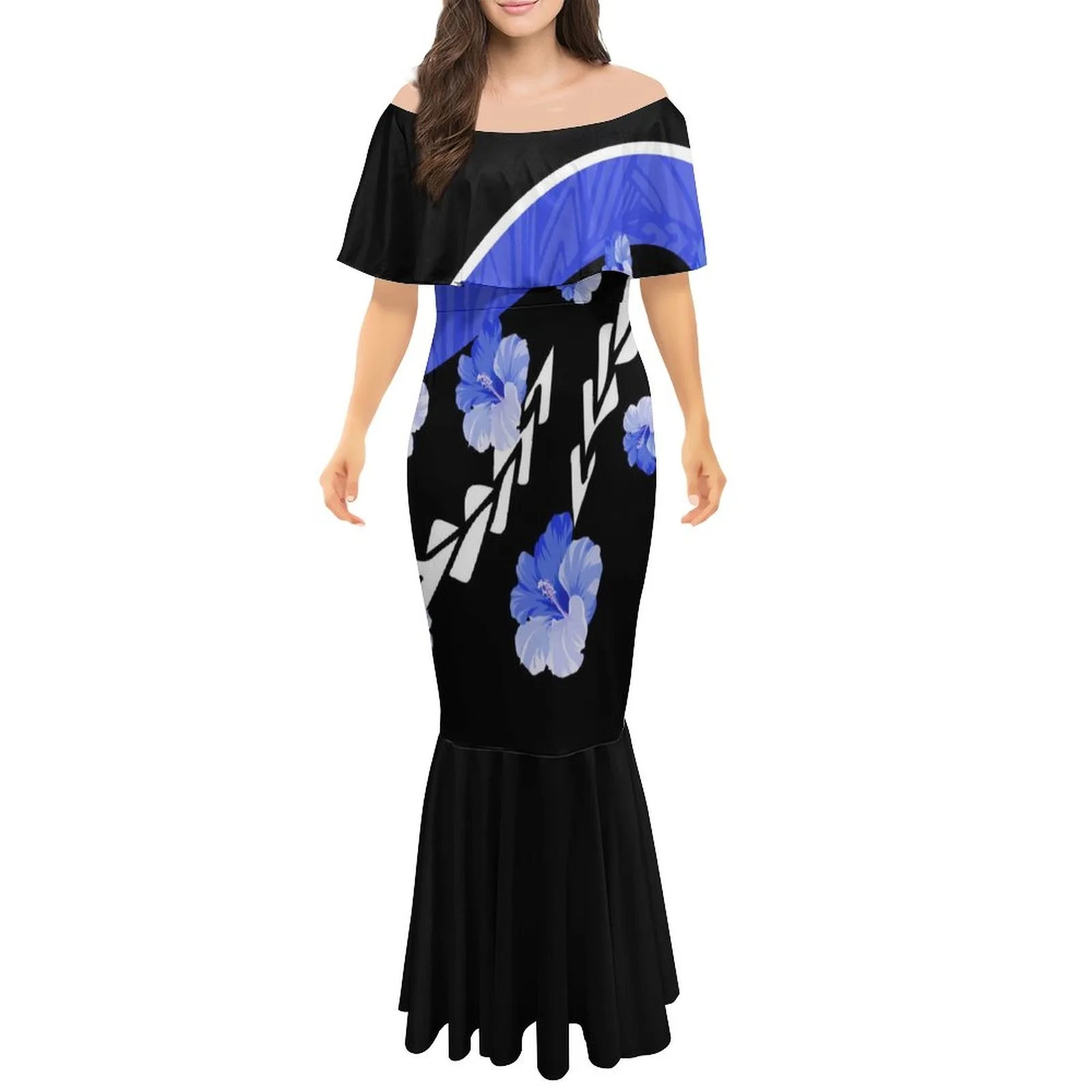 

Hawaii Lady Shawl Mermaid Dress Polynesian Hibiscus Half Sleeve Trendy Women Long Ruffle Off Shoulder Fishtail Couple Dress