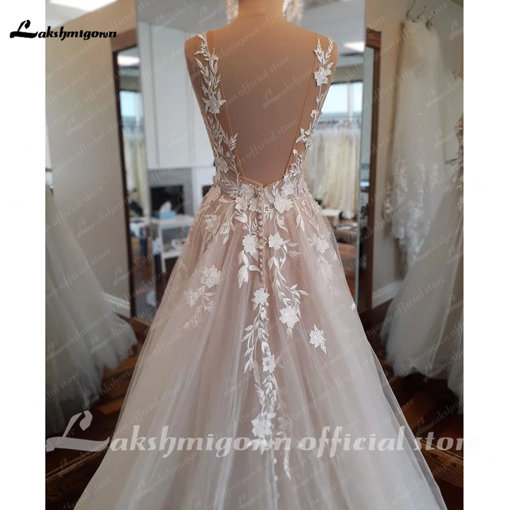 Yanshmigown-Robe de mariée à col en V pour femme, Blush, Champagne, Une ligne, Dentelle, Fleurs, Mariage, Quelle que soit la robe, Éducatif, 138