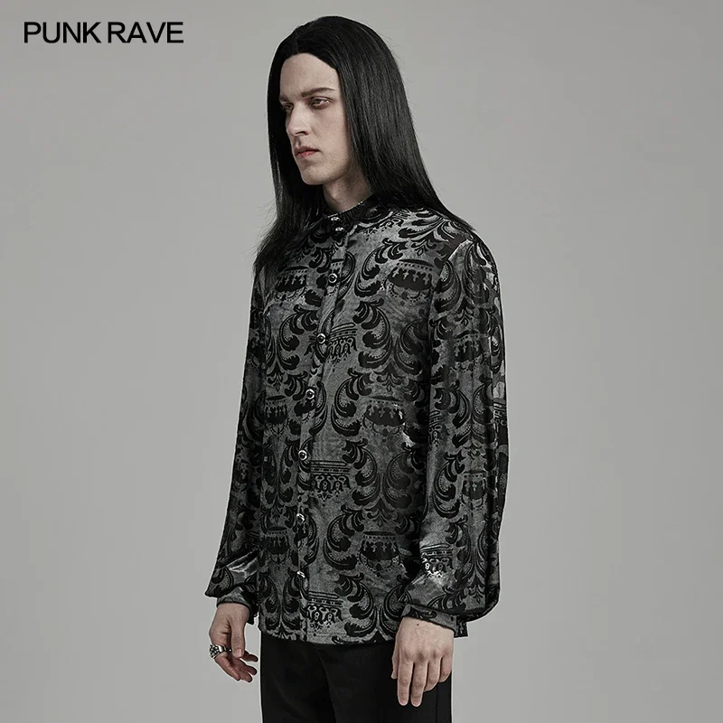 PUNK RAVE Men\'s Gothic Velvet Floral Crown Pattern Shirt Fit Design Gorgeous Party Club Black Tops Designer Clothes Men