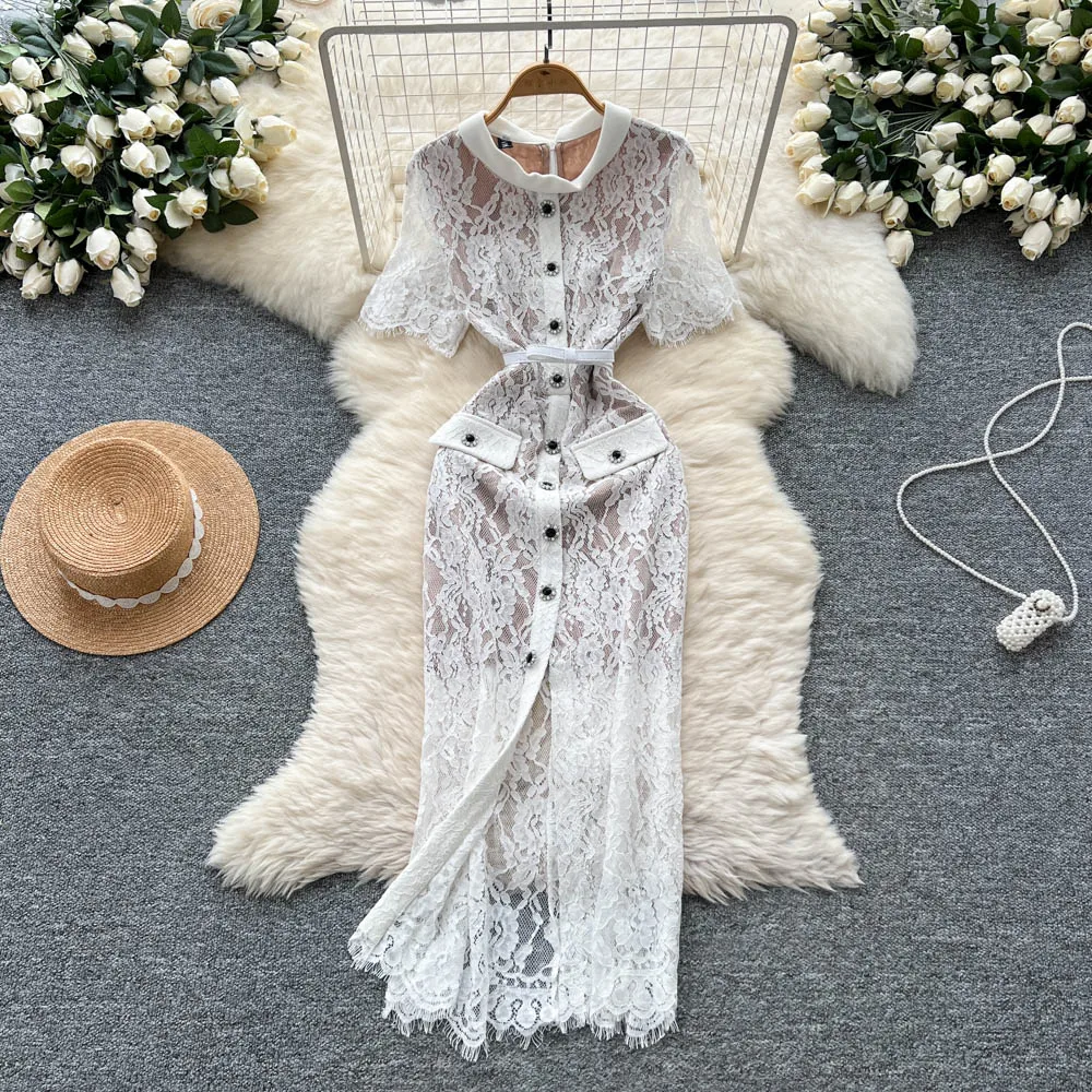 

Chic Elegant lace button Korean Fashion Fairy Sexy High Waist Vestidos Summer Vacation dress