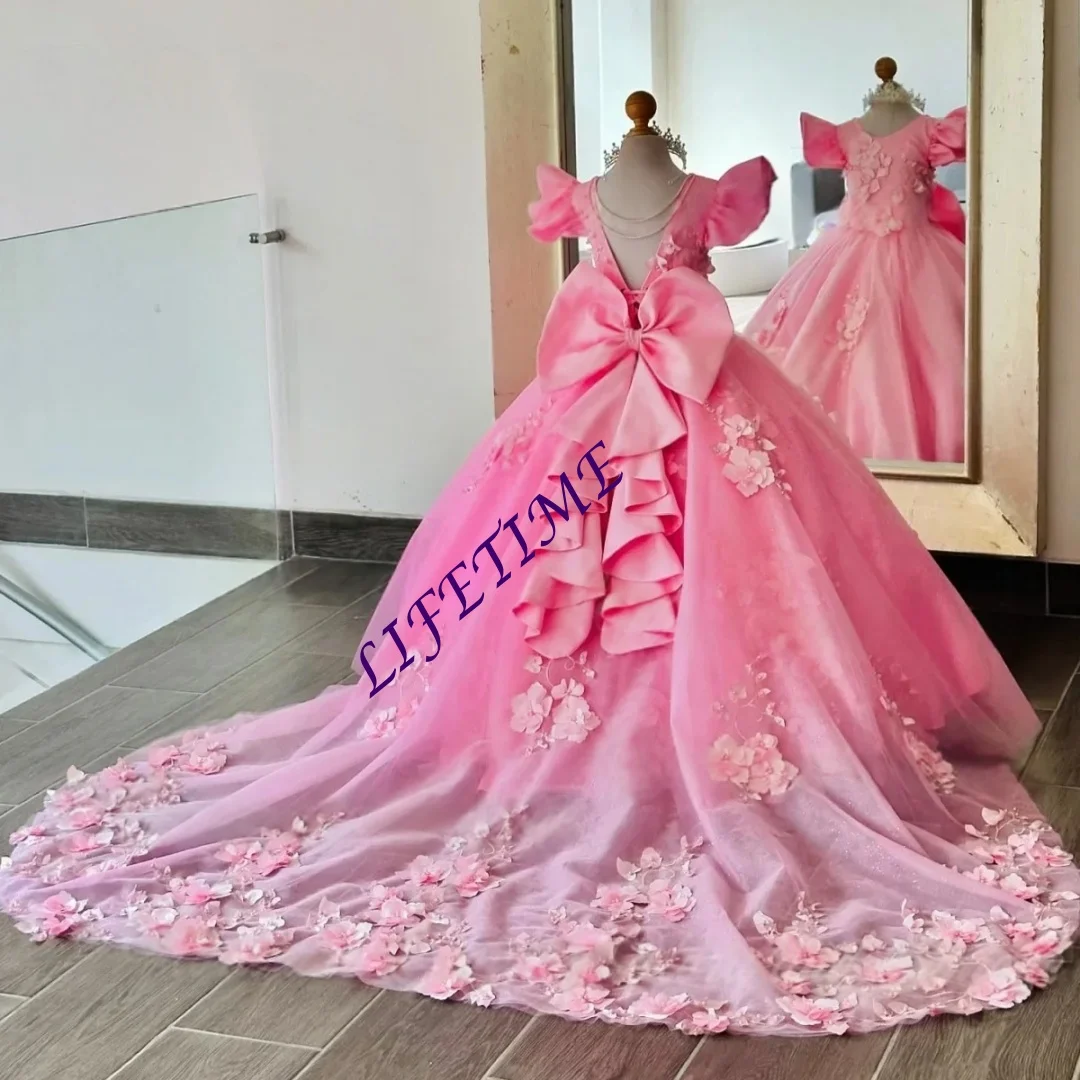 

CustomizedLuxurious Pink Flower Girl Dress Wedding Dresses Princess Ball Appliques Kids Birthday GIFT First Communion Gowns Cust