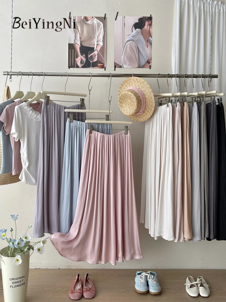 

Beiyingni Senior Classy Long Skirts Women Minimalist Trendy Casual Pleated Skirt Female Commute Elastic Waist A-line Skirt 2026